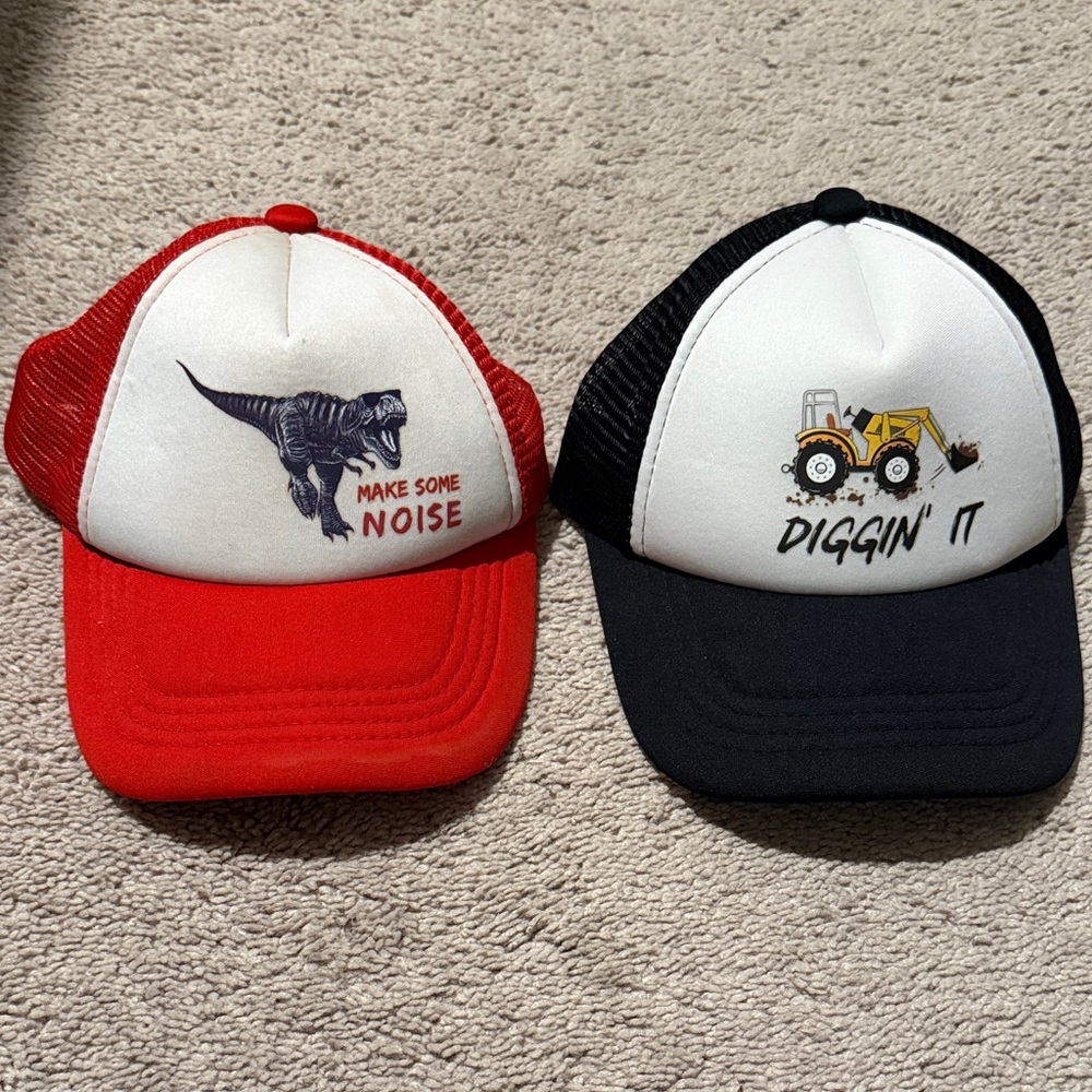 Kids Fun Caps with Dinosaur and Tractor - Red and Black by Tiny Trucker Co